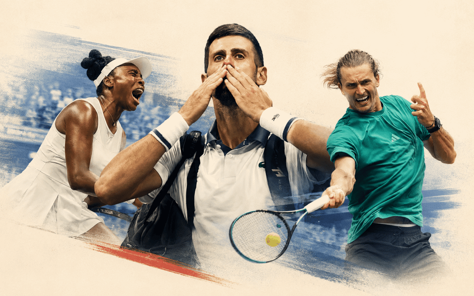 US Open opening-week collage featuring three tennis players in action, with a warm cream editorial background, blue court textures and a subtle red accent.