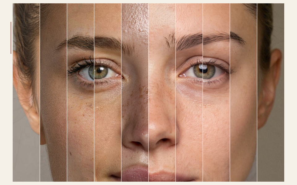 Composite portrait built from ten AI-generated headshots, split into equal vertical slices to compare differences in facial structure, skin texture, eyes and photographic finish.