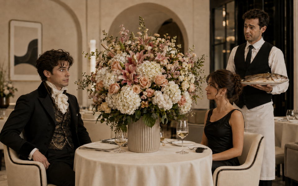 Young couple on an awkward restaurant date in a cream-toned fine-dining setting, with an absurdly oversized flower bouquet blocking the table, a nervous man in overdressed 19th-century-style 