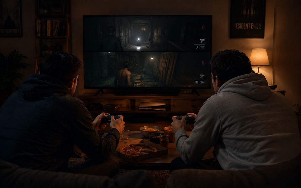 Two men lean forward on a couch playing a split-screen horror game on PS5, with controllers in hand and snacks on the table.