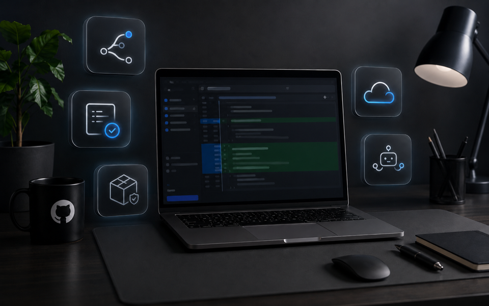 Dark developer workspace with a laptop showing a GitHub-style code review interface, surrounded by five glowing software tool icons.
