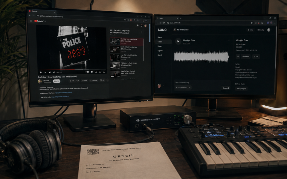  YouTube and Suno displayed on two music-studio monitors beside a German court judgment.