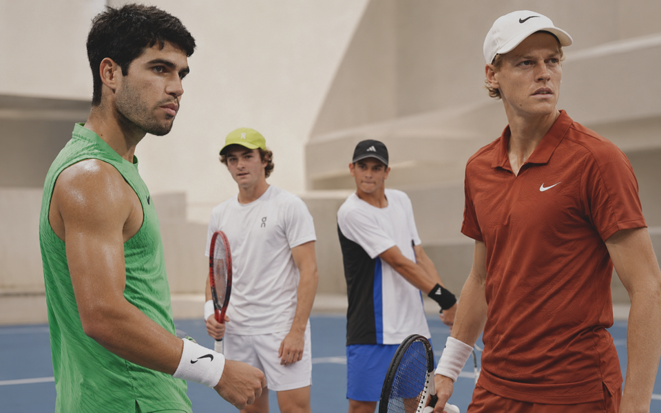Carlos Alcaraz and Jannik Sinner facing across a tennis court as Rafael Jódar and João Fonseca approach behind them.