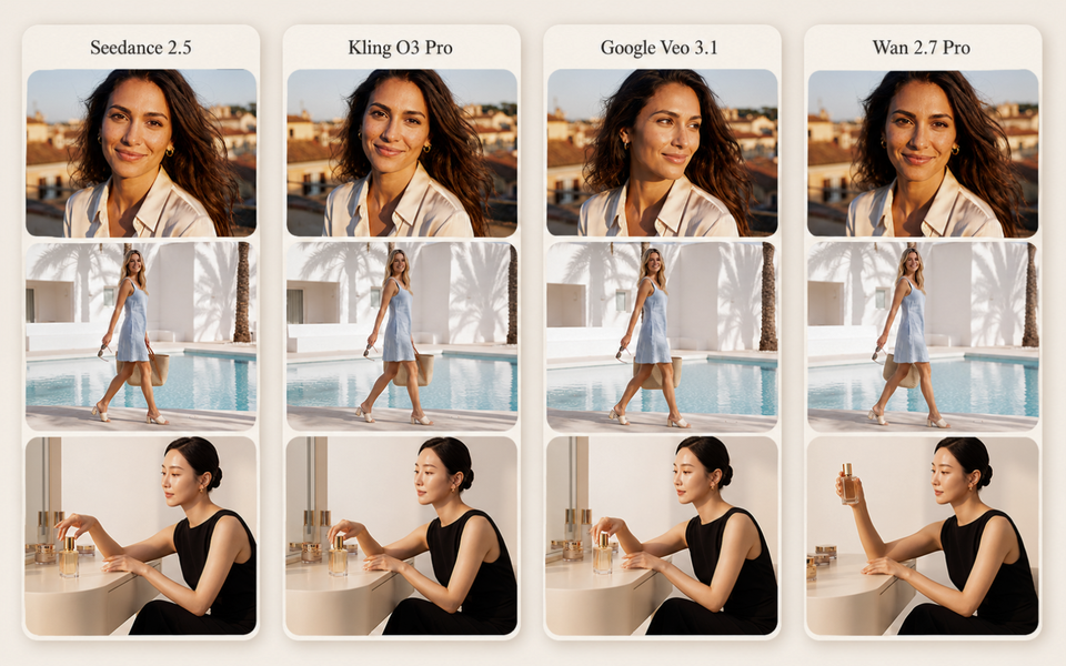Four AI-generated video frames comparing Seedance, Kling, Veo and Wan on portrait, walking and perfume-ad tests.