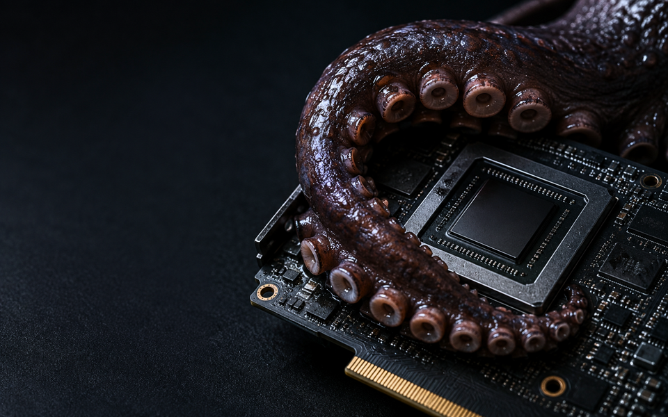 Dark octopus tentacle wrapped around a GPU chip on a circuit board, photographed in dramatic low-key lighting.