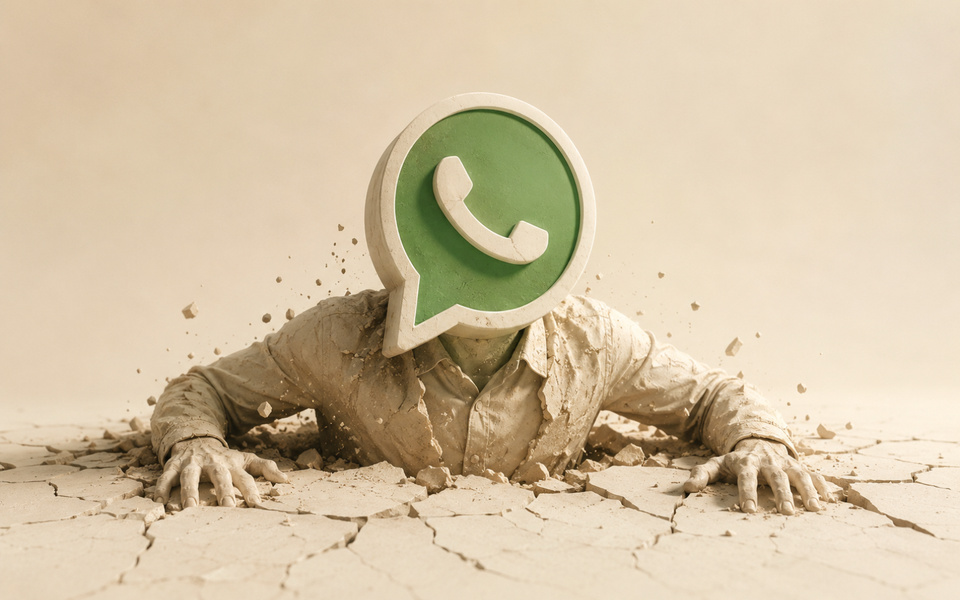 A human figure with a large WhatsApp logo for a head claws its way up through cracked cream-colored ground, as if the app is dragging itself back into relevance.