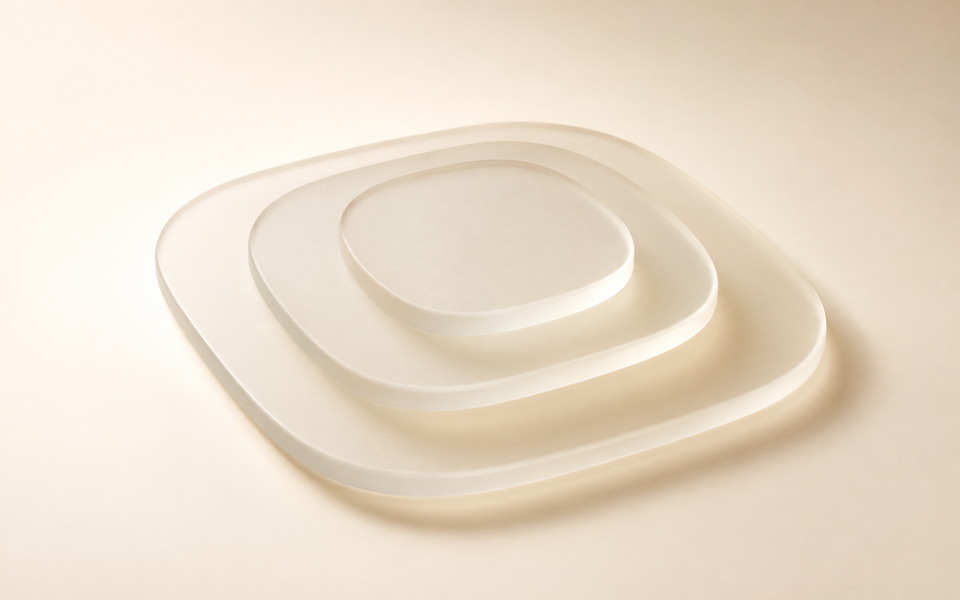 Three translucent frosted-glass rounded panels, decreasing in size and stacked with visible gaps, sit against a warm ivory gradient background with soft studio lighting and subtle shadows.