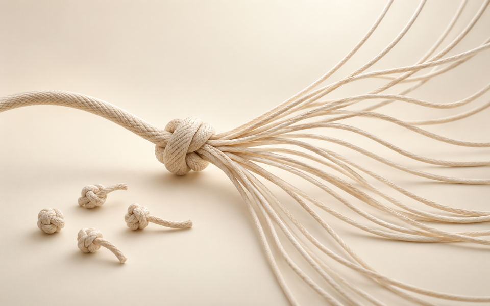 A large ivory cord tied into one central knot splits into many thin strands, beside several small separate knots with only one or two short threads, on a warm cream background.