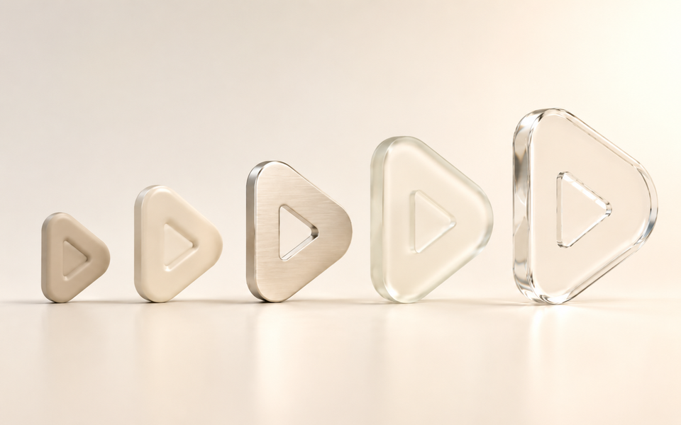 Five play button icons arranged from small matte plastic to larger brushed metal and polished glass versions on a clean white studio surface.