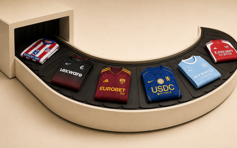 2026/27 football shirts from Chelsea, Manchester City, Arsenal, Roma, Atlético Madrid and Freiburg moving around a cream airport-style baggage carousel.