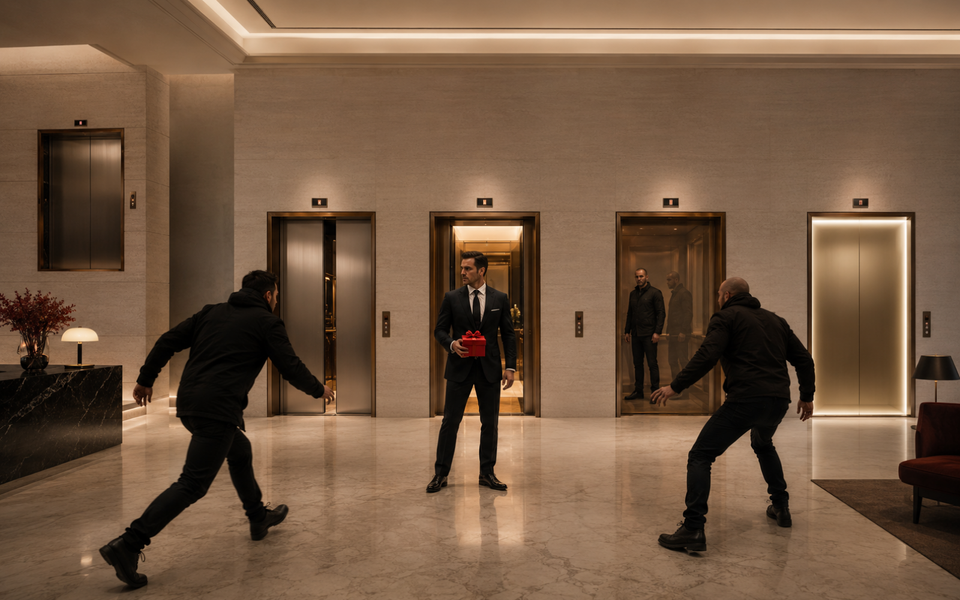 AI-generated hotel fight comparison with a suited man holding a red gift as attackers and elevator doors behave differently across five video models.