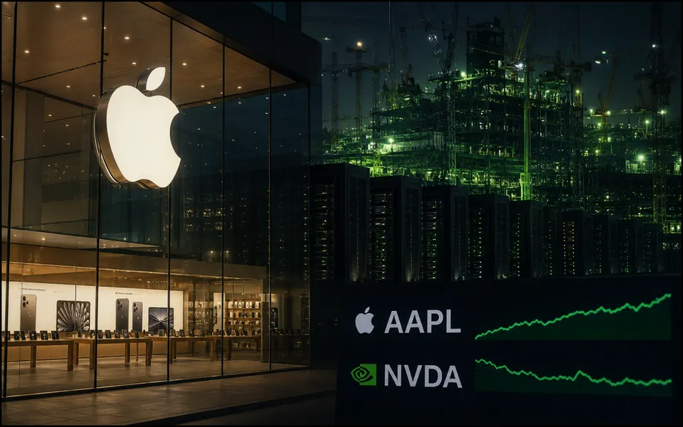 Apple logo in front of dark GPU racks with Nvidia-green lighting and a financial screen showing AAPL edging above NVDA.