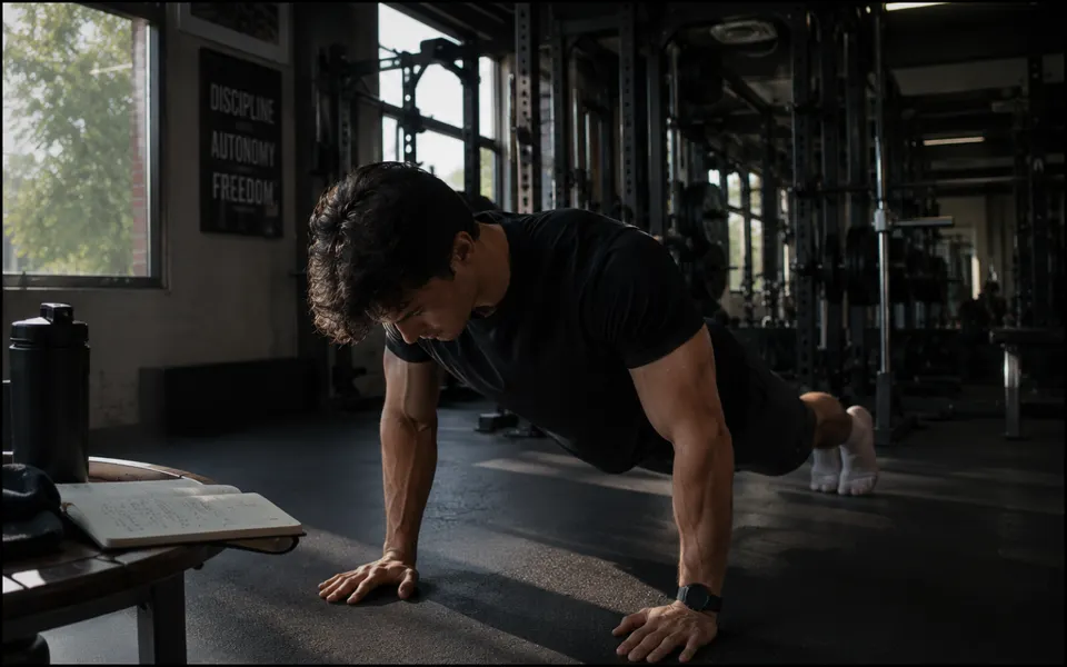 An athletic man doing push-ups in a gym beside an open training notebook and protein shaker.
