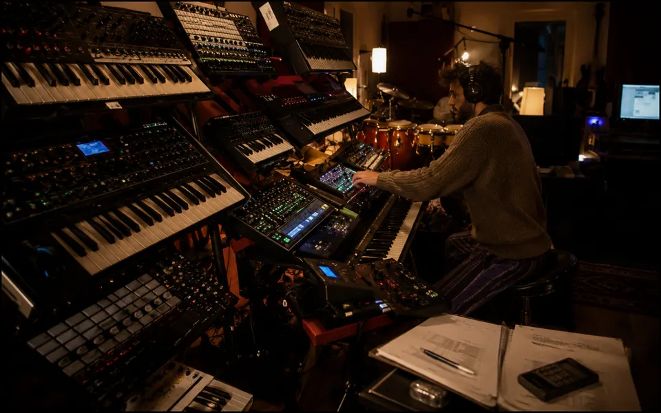 Music producer working beside a contract and royalty statement in a recording studio.