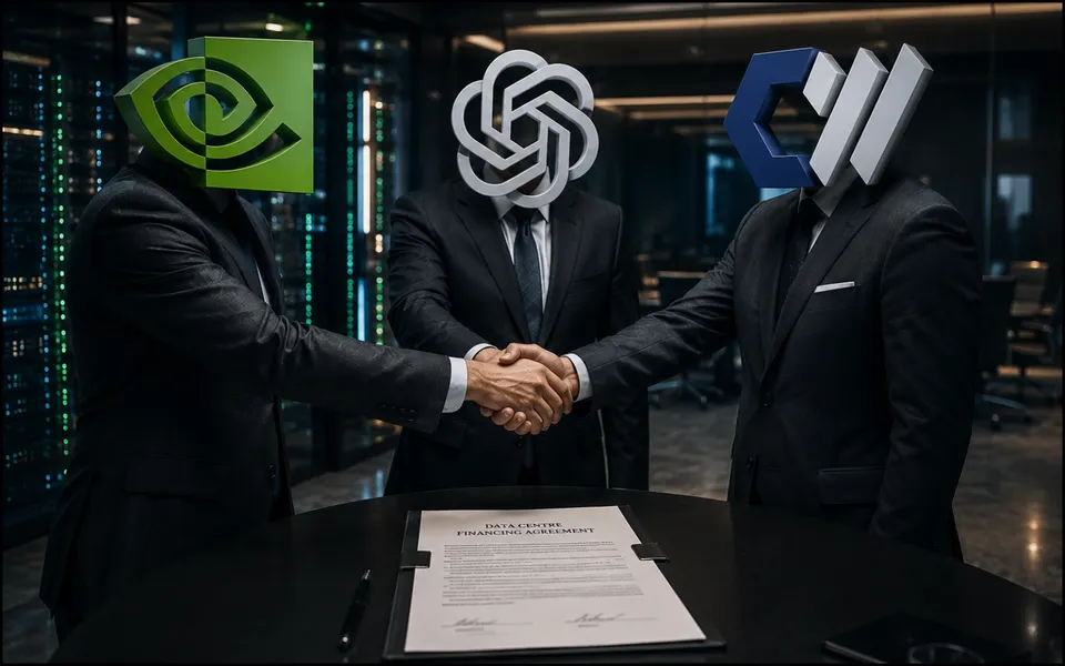 Nvidia, OpenAI and CoreWeave represented as three suited figures joining in a three-way handshake.