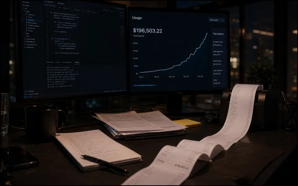 AI coding software running beside a rising usage chart and a long corporate invoice spilling across a desk.