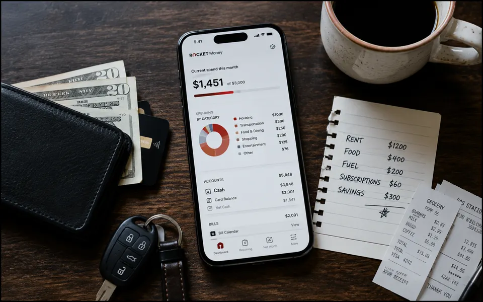 Rocket Money's budgeting dashboard displayed on a smartphone beside a wallet, receipts and handwritten budget notes.