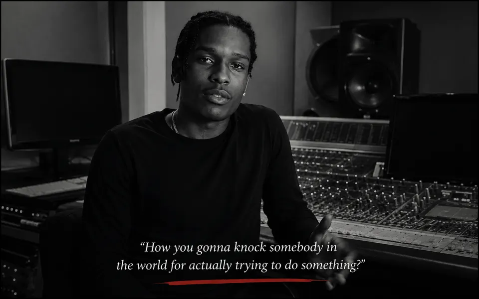 A$AP Rocky speaks in a recording studio alongside a quote about not being afraid to try.