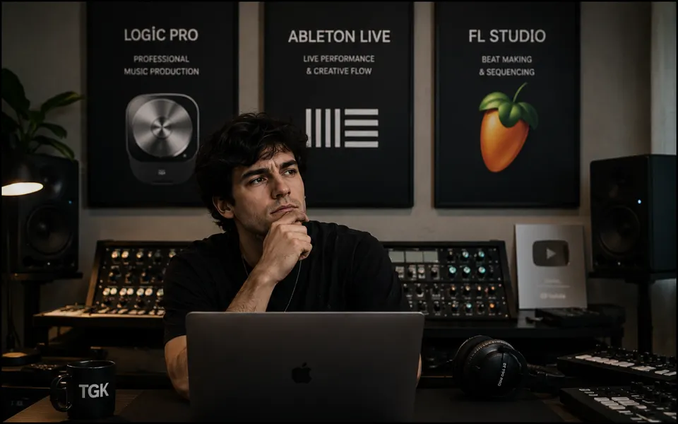 Music producer comparing Logic Pro, Ableton Live and FL Studio across three studio screens.