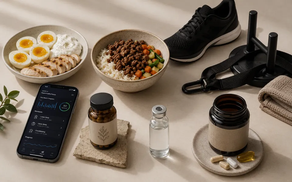 Seven viral wellness trends represented by food, fitness gear, an AI workout app, supplements and a peptide vial.