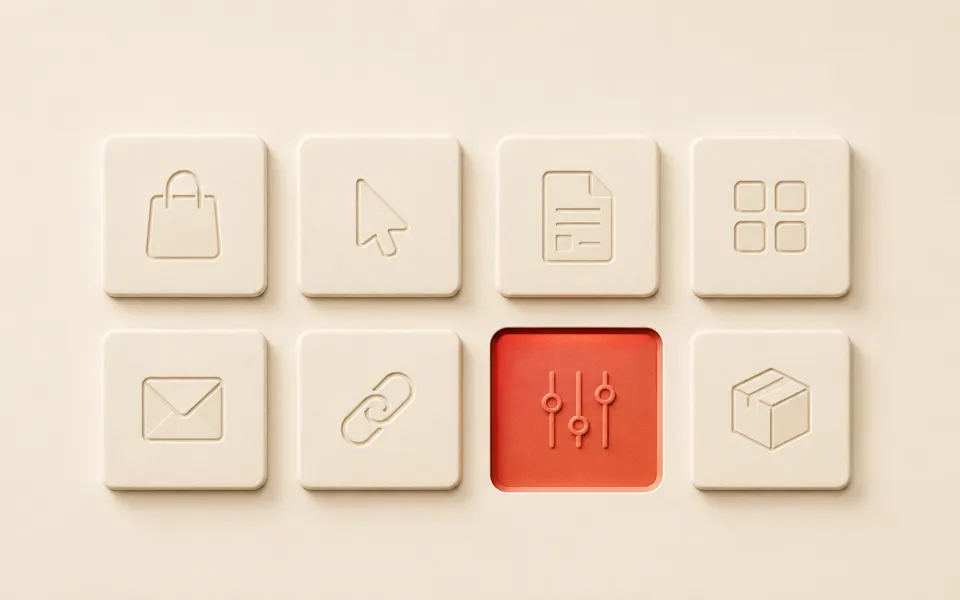 Eight minimal tiles representing online business ideas, with one brick-red tile selected.