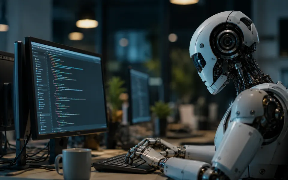 Photorealistic nighttime workstation with a humanoid robot using a computer to review source code, illustrating an AI agent operating autonomously in a controlled research environment.