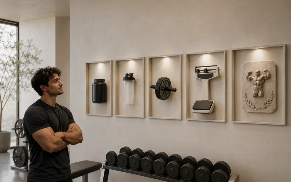 A fit man studies five gym-related objects displayed like museum pieces in a bright, minimalist cream-toned gym.
