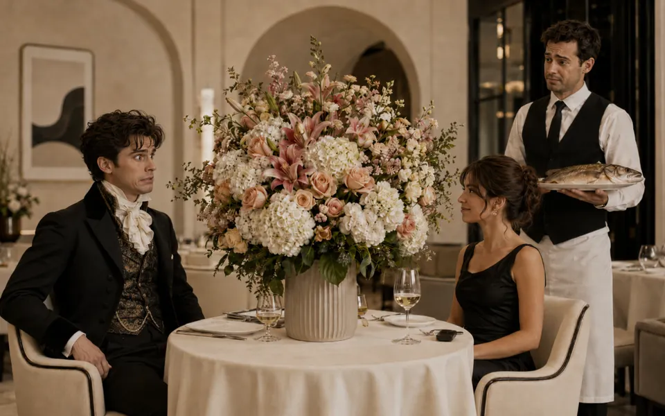 Young couple on an awkward restaurant date in a cream-toned fine-dining setting, with an absurdly oversized flower bouquet blocking the table, a nervous man in overdressed 19th-century-style 