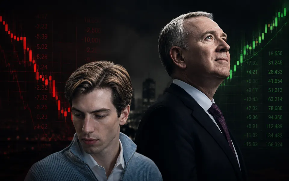 Editorial illustration of Leopold Aschenbrenner and Ken Griffin against contrasting falling and rising stock market charts.