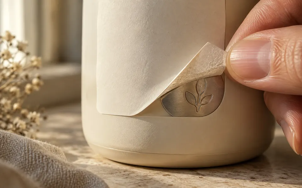 Hand peeling back the corner of a plain cream label to reveal a small brushed-metal maker’s mark beneath, lit by warm natural light.