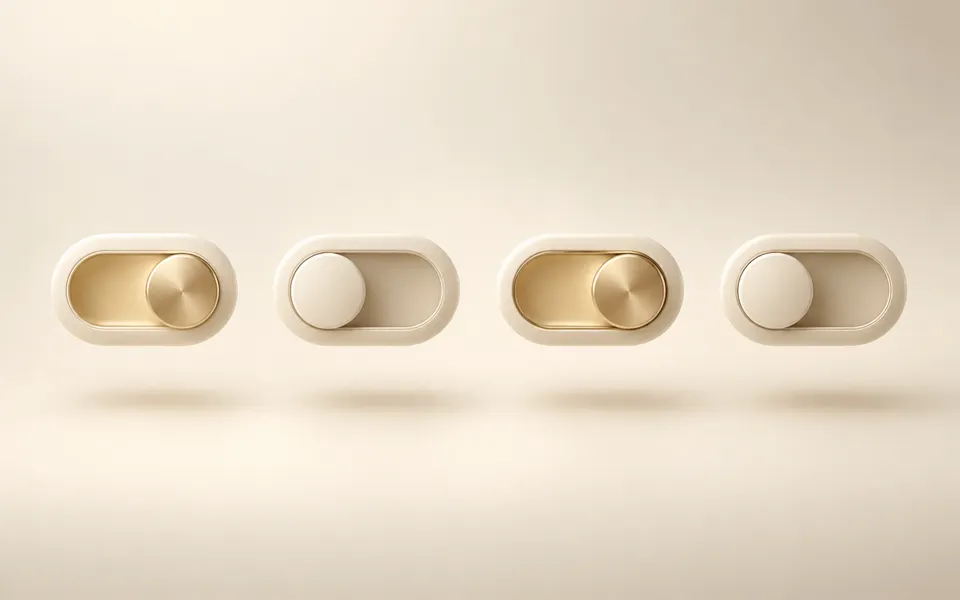 Four minimalist 3D toggle switches in warm ivory and soft gold tones, with two turned on and two turned off, floating over a cream gradient background.