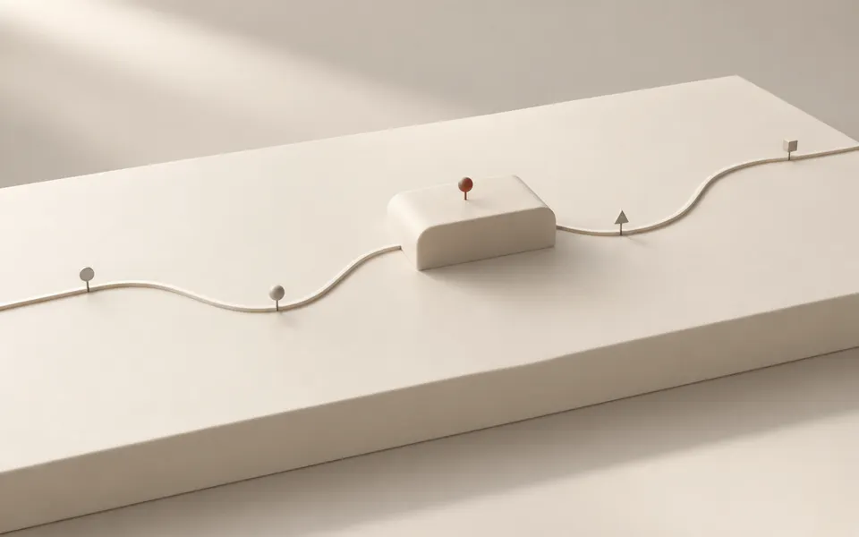 A thin ivory path crosses a cream platform and disappears beneath a solid block before continuing on the other side, with small markers along the route.