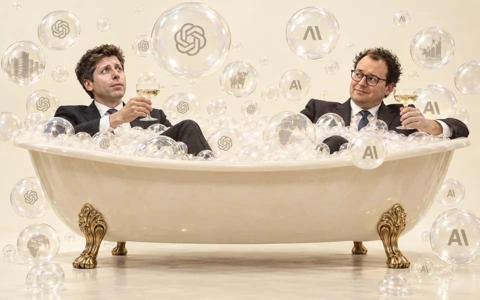 AI-generated editorial illustration of two suited tech executives sitting in an ivory bathtub filled with transparent bubbles marked with OpenAI and Anthropic symbols.