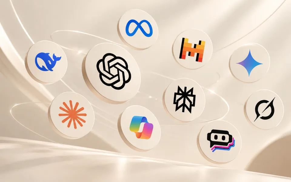 Ten major AI model and company logos floating as ivory medallions in a warm cream, high-tech editorial composition.