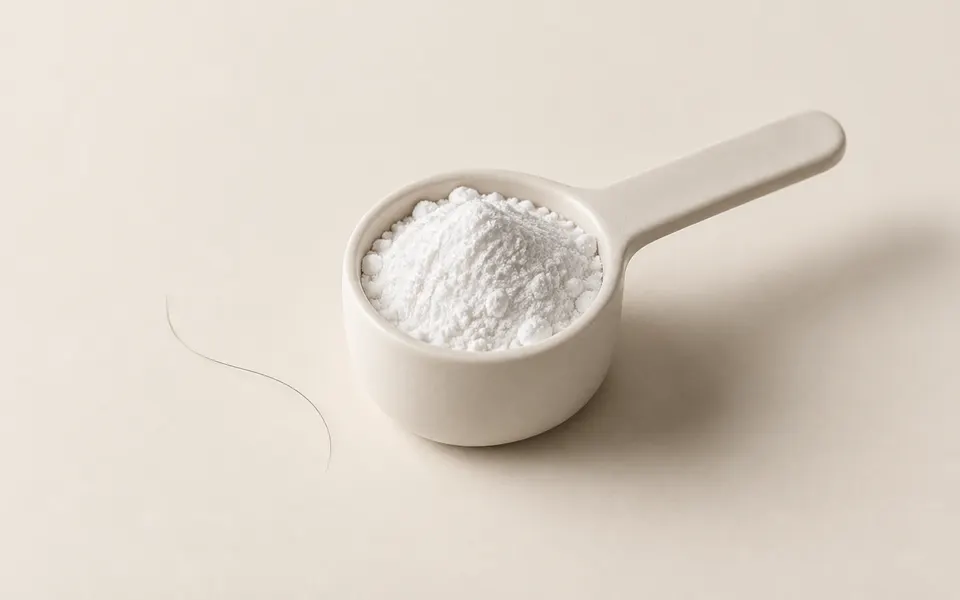 A single scoop of creatine powder resting beside one undisturbed strand of hair on a soft ivory surface.