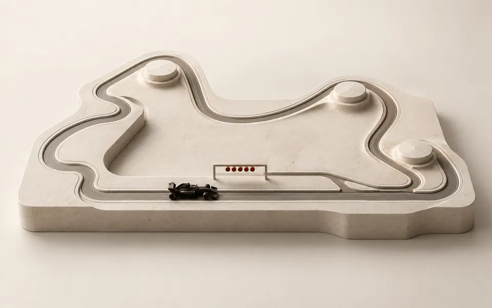 Minimalist Formula 1 circuit model in warm ivory stone with a black race car, pit lane and five red starting lights.