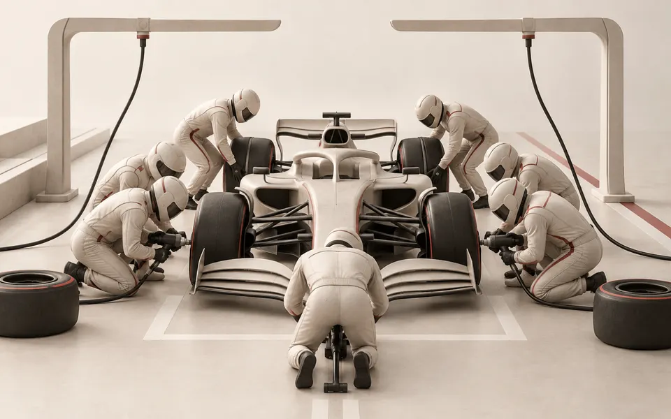 Formula 1 car surrounded by a full pit crew changing all four tyres in a clean cream-toned pit stop scene.