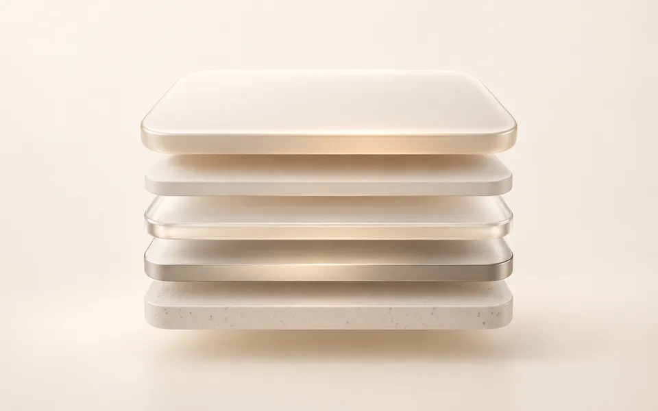 A minimal stack of floating cream app-like slabs hovers above thinner layered foundations, suggesting the hidden infrastructure behind running an AI-powered app.