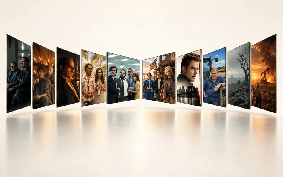 Ten floating display panels show scenes from different TV series in a curved arrangement on a warm ivory background.