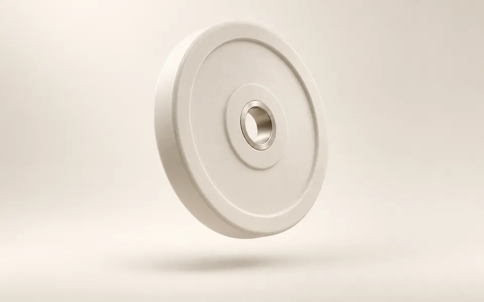 Matte ivory weight plate with a brushed metal center floating above a soft cream background with a subtle studio shadow.