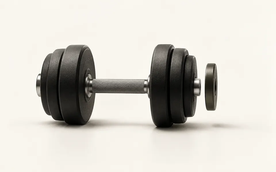 Adjustable black dumbbell with one small additional weight plate hovering beside it against a warm ivory background.