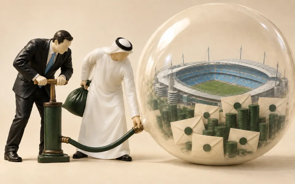Stylized editorial illustration of a businessman pumping air into a transparent bubble containing Etihad Stadium, while a man in Emirati clothing holds the hose and a money bag beside stacks 