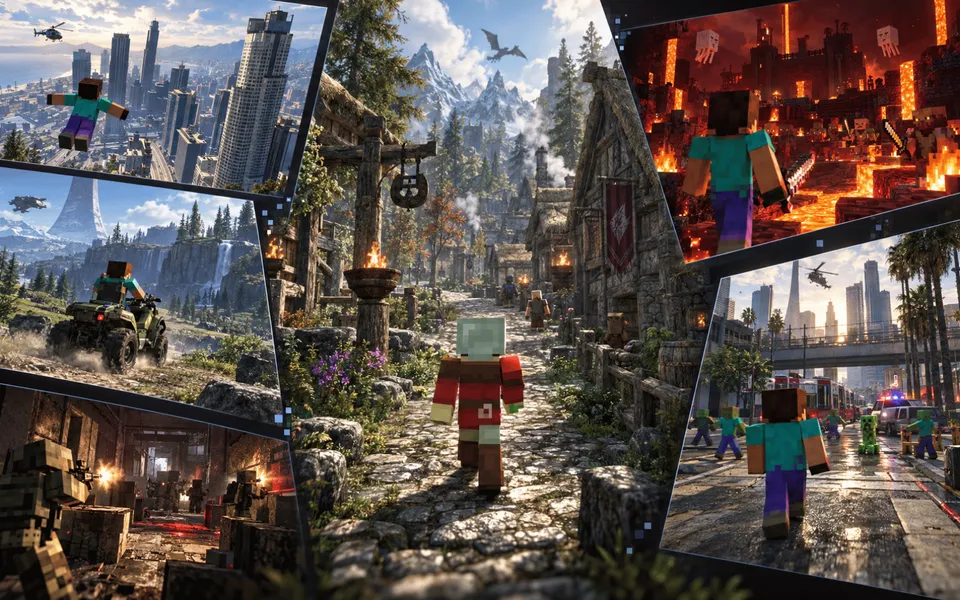 Cinematic montage of voxel-style characters appearing across mashups inspired by GTA, Minecraft, Skyrim and other games, showing city streets, fantasy villages, combat and fiery environments.