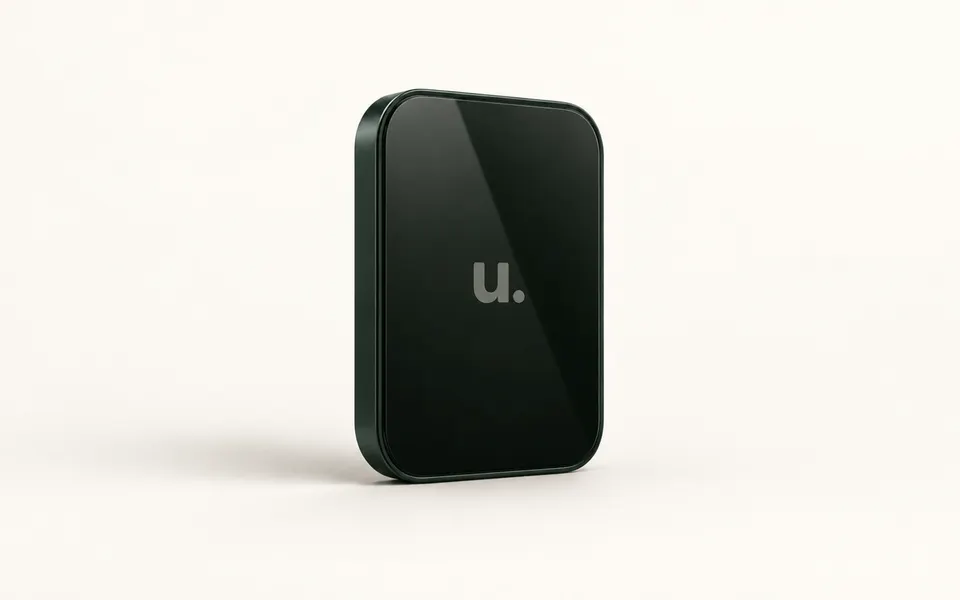 A dark green Unfinished app screen with the muted “u.” logo displayed on glossy black glass against a warm ivory background.