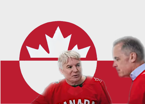Mike Myers and Mark Carney pictured in front of combined Canada and Greenland flag