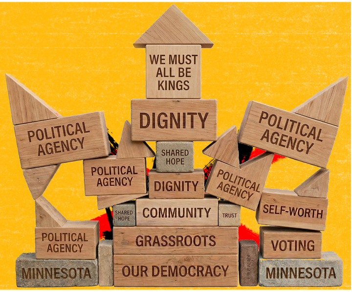 wooden building block stacked in shape of a crown with words like dignity and Democracy printed on blocks.