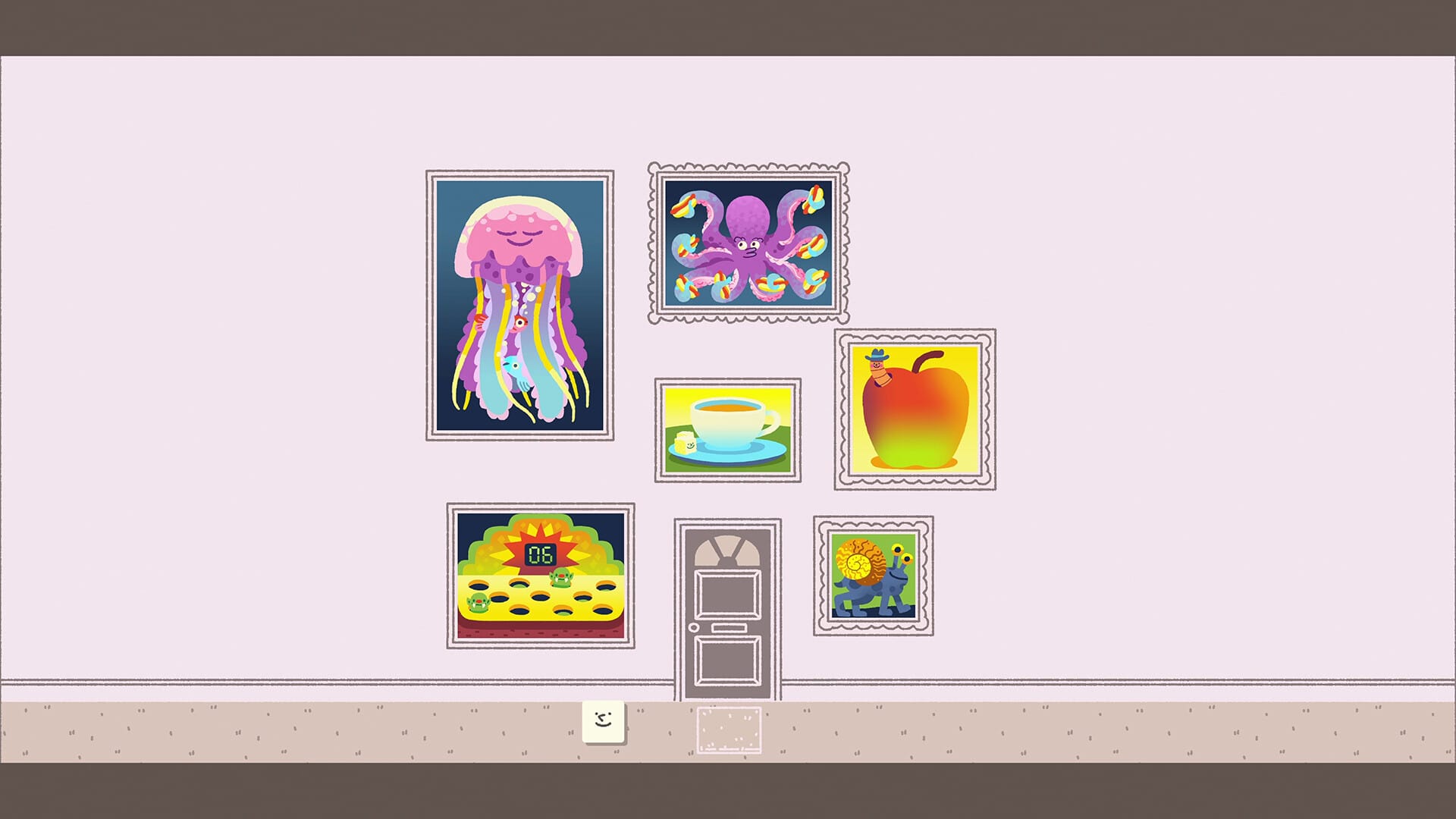 Screenshot of Wilmot Works It Out. Features 6 paintings on a beige wall with a grey-brown door in the bottom middle. The paintings are an octopus holding 8 hot dogs, an apple with a worm in a hat sticking out of it, a blue coffee cup on a green table, a snail with legs, a whack em game, and a purple, blue, and yellow jellyfish.