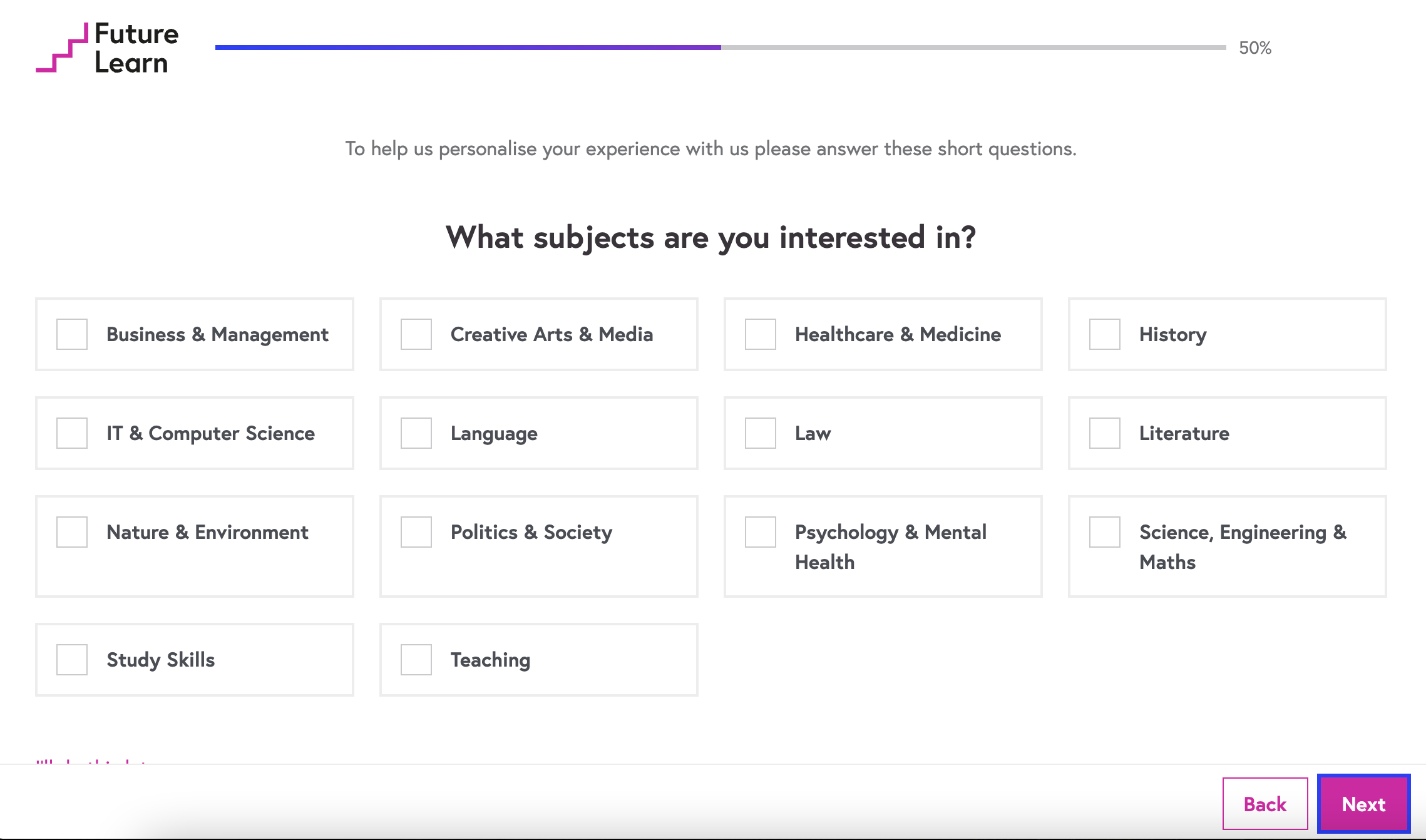 Future Learn registration personalisation