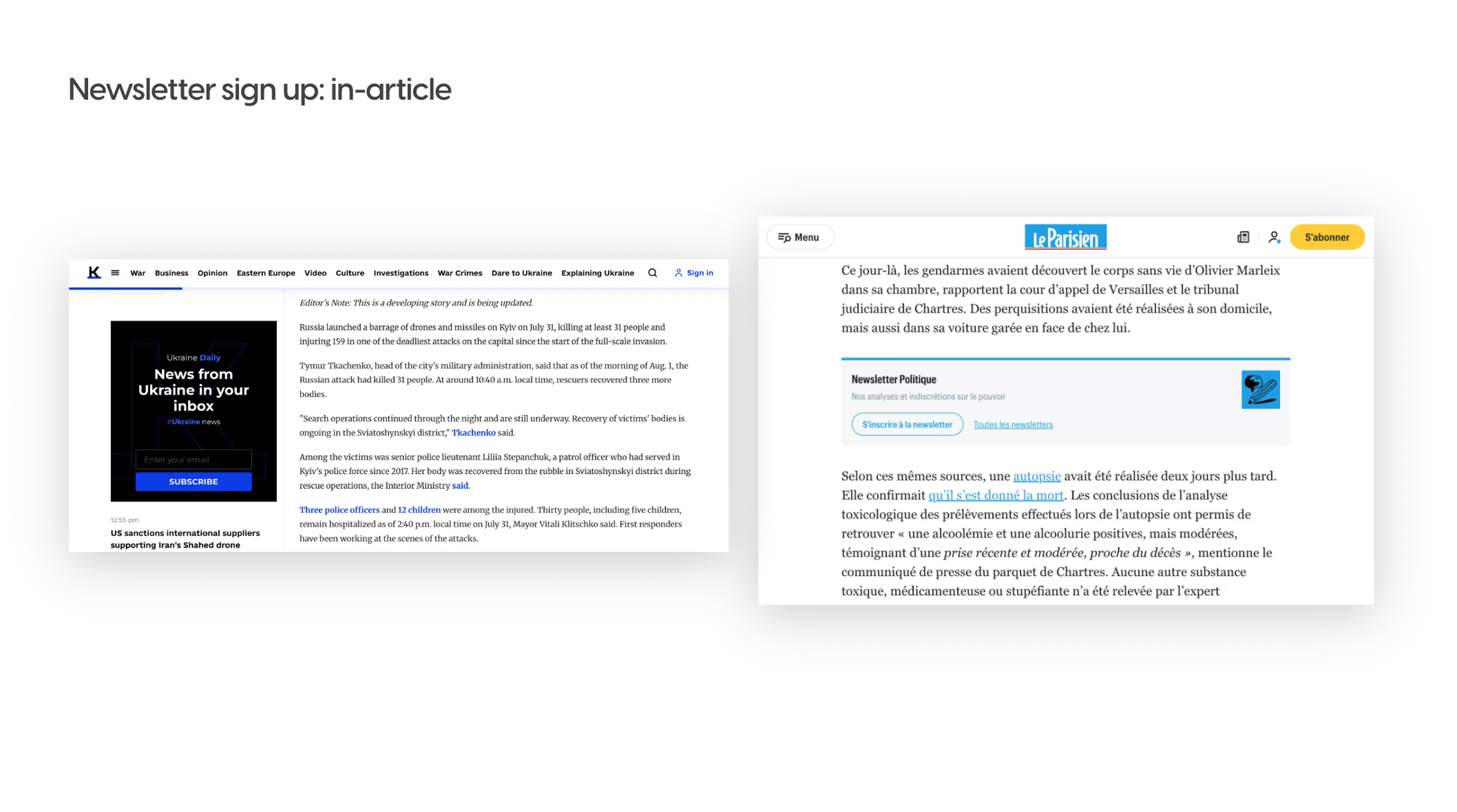 Newsletter modules in-articles on The Kyiv Independent and Le Parisien