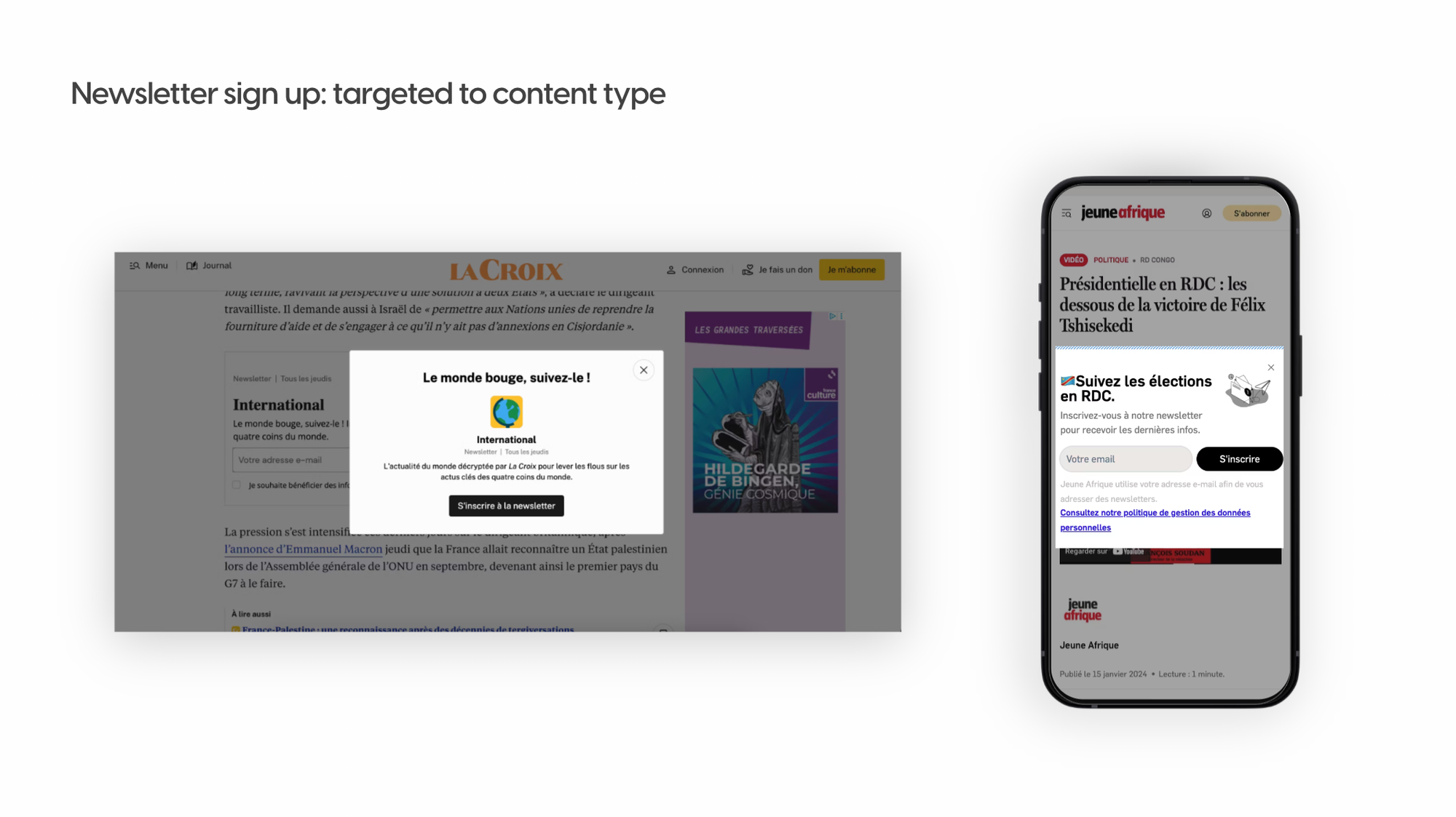 Targeted newsletter pop-ups on La Croix and Jeune Afrique